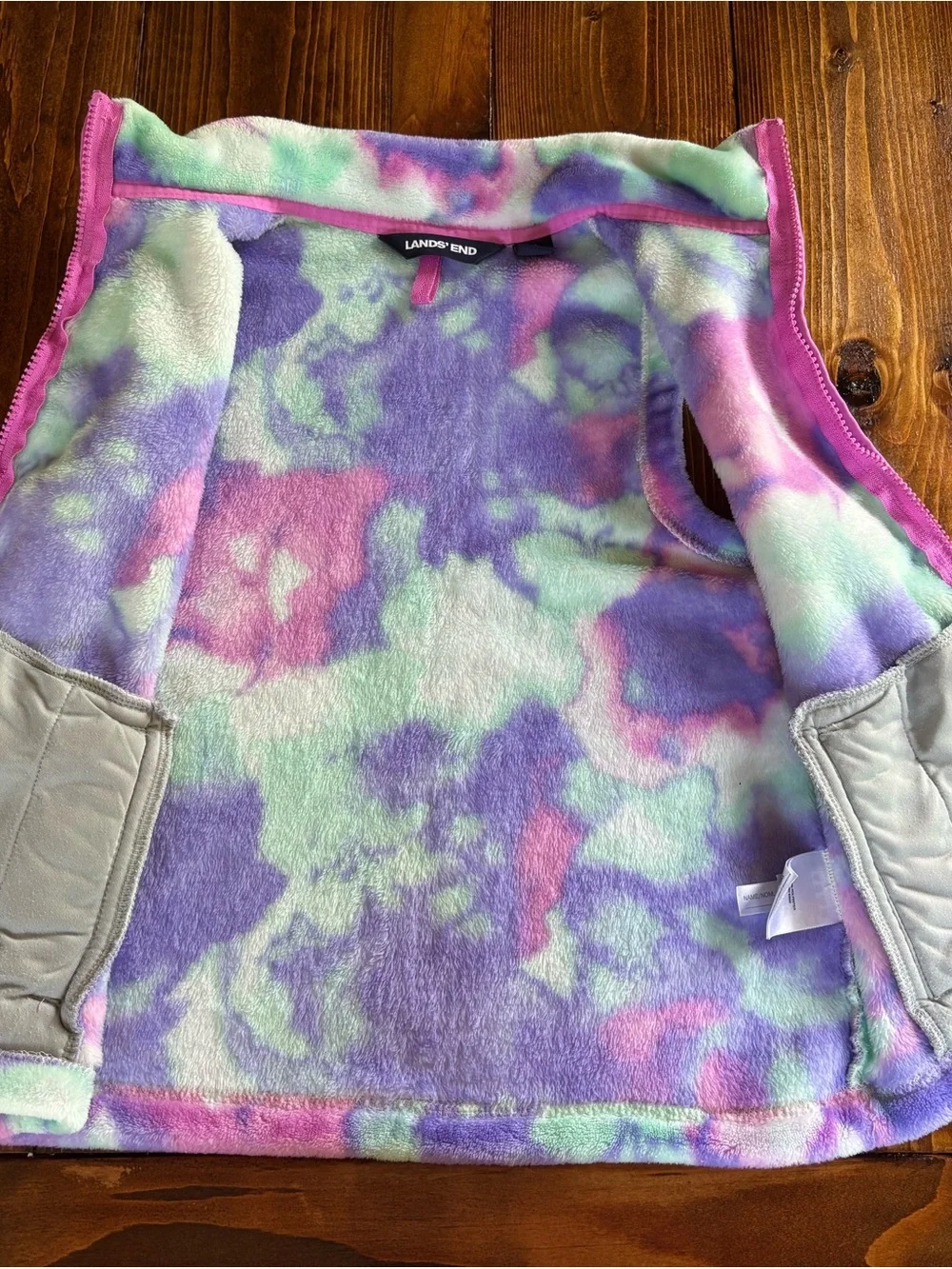 Lands' End Girls Tie-Dye Fleece Full Zip Vest w/ Pockets Purple Pink Sz S 7-8